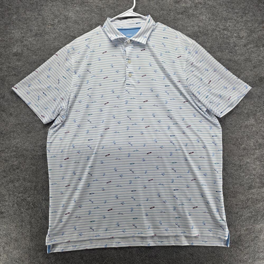 Johnnie-O Polo Shirt Mens XL White Surfin Stripes Golf Surf Print JMPO5530